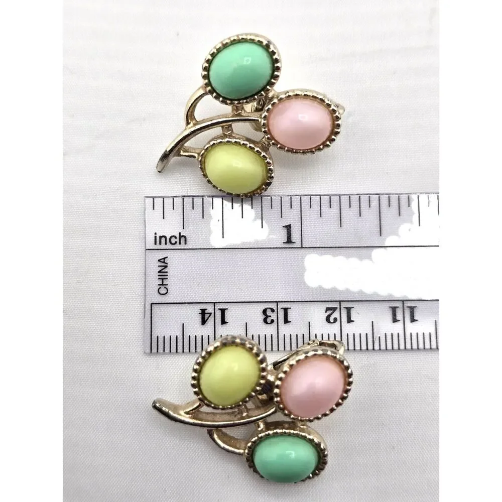 Sarah Coventry Candy Land Brooch Earrings Set Pastel Cabochons Gold Tone